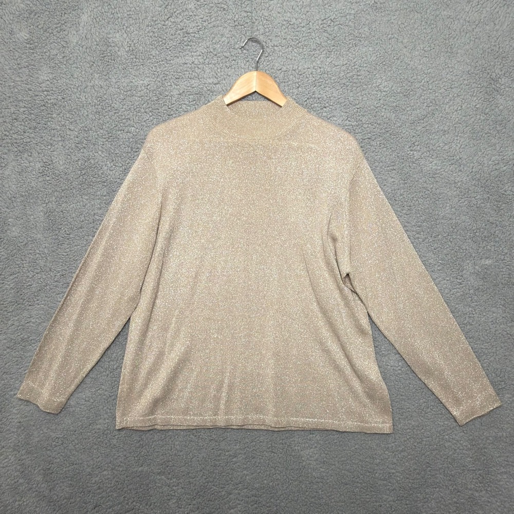 VTG Yarnworks Sweater Women 18W Gold Metallic Mock Neck‎ Long Sleeve Tan Sparkle